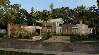 Completo Exterior: Distribución de espacios + Renders de 4 Fachadas + Patio + Dibujo de Planos