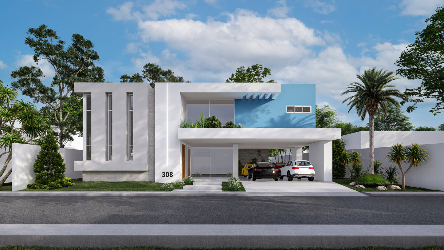 Completo Exterior: Distribución de espacios + Renders de 4 Fachadas + Patio + Dibujo de Planos