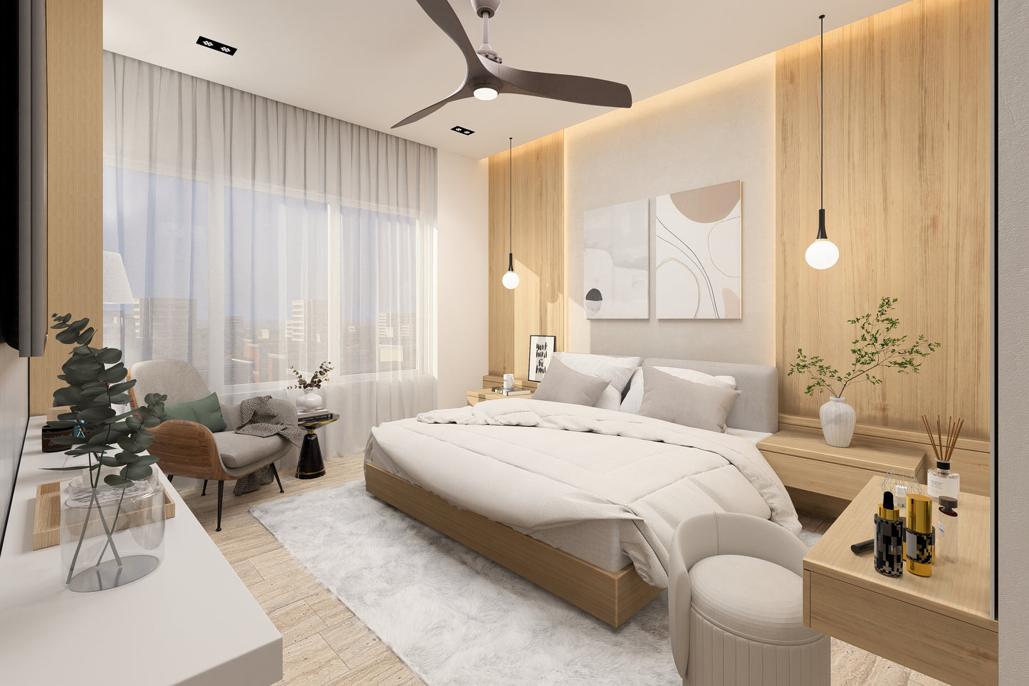 Renderizado 3D Interior de Dormitorio