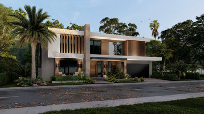 Completo Exterior: Distribución de espacios + Renders de 4 Fachadas + Patio + Dibujo de Planos